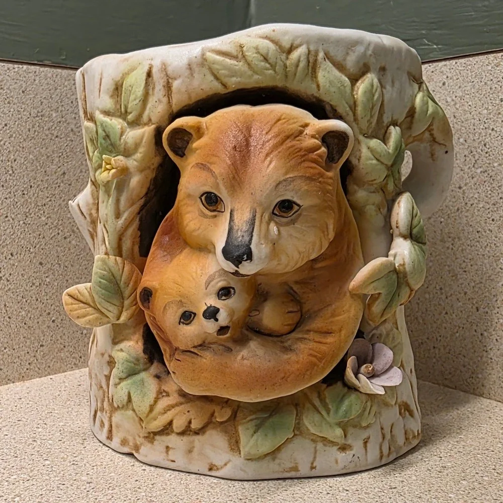 Enesco Roth 1979 Bear Planter Vase E-3020 Brown Tan Vintage Woodland 3D Relief